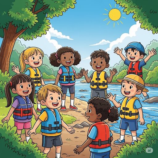 安全対策にカラフルなライフジャケットを着た子どもたちがたのしそうに遊んでいる