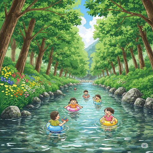 川遊び場紹介画像: 各スポットの写真くらがり渓谷の清流。子どもが安全に遊ぶ姿や自然豊かな風景。