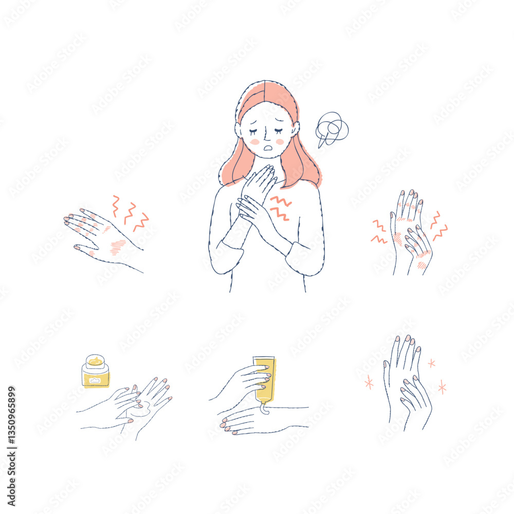 ハンドクリームで乾燥をケアする女性のイラスト